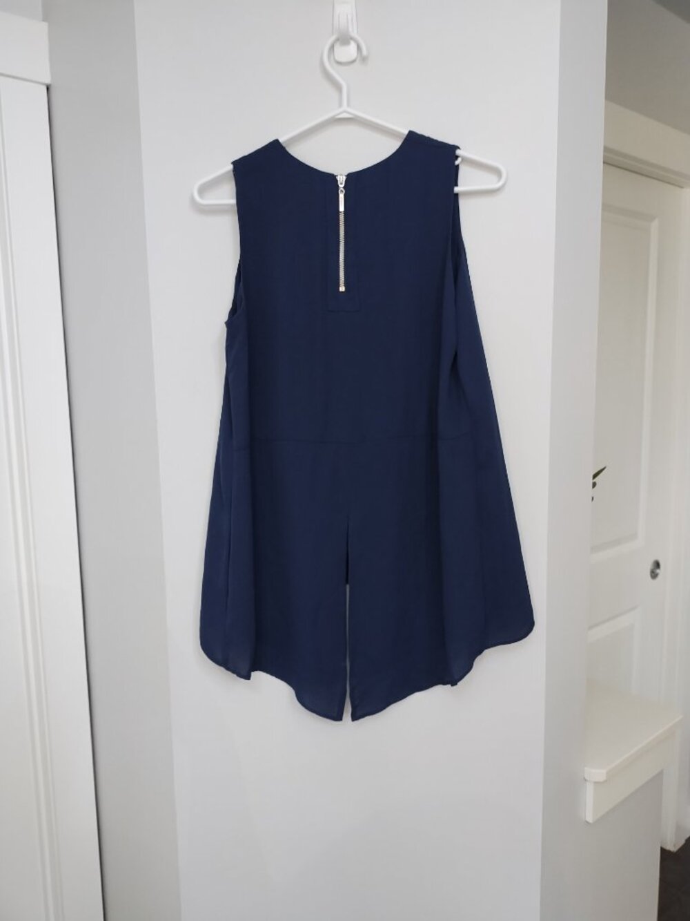 Navy flowy dressy tank with upper back zipper - Picture 3 of 6